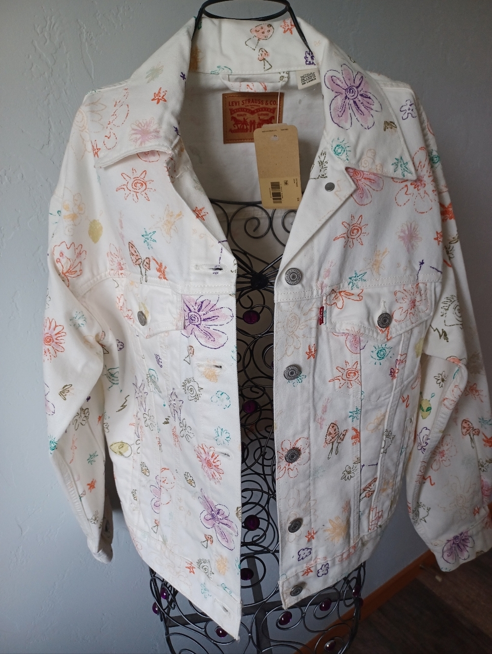 NWT Levi's White Denim Jacket with Multicolor Floral Doodles XS-Med